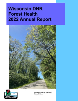 The report cover for the Wisconsin DNR Forest Health 2022 Annual Report, featuring a tree-lined paved path.