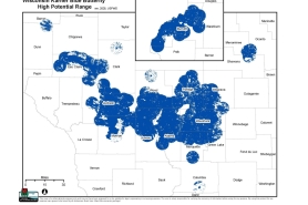 Map of Karner Blue Butterfly high potential range in Wisconsin, with blue shaded areas indicating their presence.