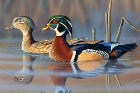 The 2025 Waterfowl Stamp illustration showing a pair of Wood Ducks swimming in calm water with a natural, blurred background.