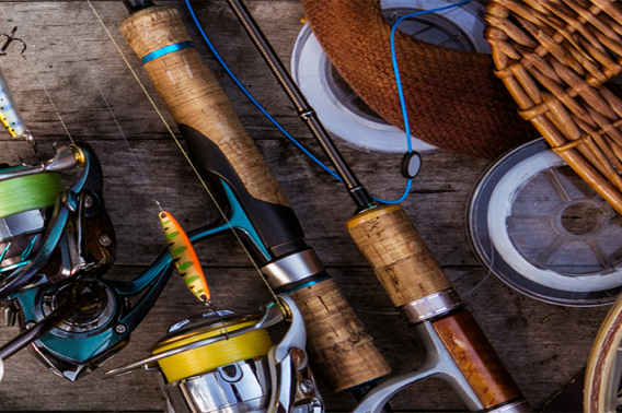 Fishing gear on a weathered wood dock.