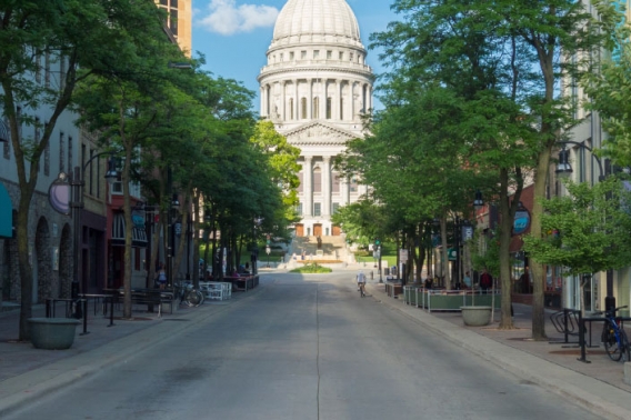 A tree-lined street in Madison, Wisconsin. The capitol building is visible at the street's end.