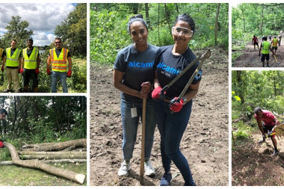 5 photos showing images of volunteers cutting trees, shoveling, using hand tools and maintaining trails.