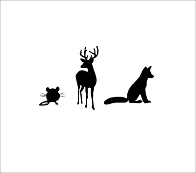 a group of three animal silhouettes depict a mouse, a deer and a fox