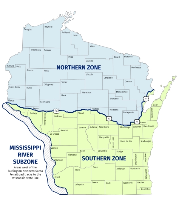 Canada goose zone map. The northern and southern zones are divided by Highway 10 and Highway 41.