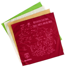 Four different color bandanas stacked with outline graphic of Wisconsin labeled Wisconsin State Parks, Trails, Forests and Rec Areas.