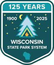Blue Badge design of pine tree and tent labeled 125 Years 1900 2025 Wisconsin State Park System.