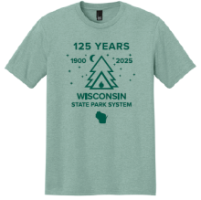 Green shirt with pine tree and tent outline labeled 125 Years 1900 2025 Wisconsin State Park System.