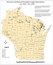 A Wisconsin map showing the cougar sightings in each county by using color dots representing each year. The map shows the sighting from from Jan. 2019 to Dec. 2025.