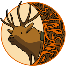 Mira Johnson's second graphic, featuring an illustration of an elk peeking around a tree that has a trail camera on it.