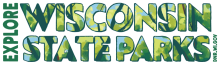 Green tree pattern words reading Explore Wisconsin State Parks.