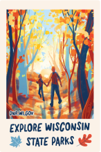 Two people in a fall forest labeled Explore Wisconsin State Parks.