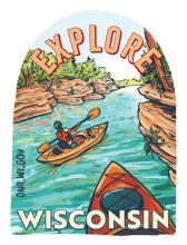 Two kayakers on a river labeled Explore Wisconsin.
