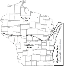 A map of Wisconsin showing the North and South Zones and the Open Water Zone that begins 500 feet off mainland shore.