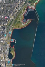 A map showing a example of man-made upland shorelines by City of Milwaukee Veteran's Park within Milwaukee County using a red link to indicate the boundary.