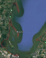 A map of irregular shoreline by Long Tail Point and Little Tail Point with a red link showing that it is considered a part of the migratory game bird hunting Southern Zone.
