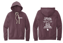 Maroon Sweatshirt front labeled OutWiGo and back with pine tree and tent outline labeled 125 Years 1900 2025 Wisconsin State Park System.