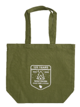 Green canvas bag with white badge outline of pine tree and tent labeled 125 Years 1900 2025 Wisconsin State Park System.