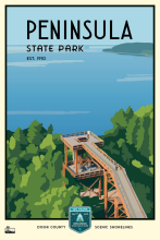 Wooden viewing tower by green forest and lake labeled Peninsula Park Est. 1910.