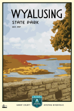 Wyalusing Alt Text: Stone wall along bluff and river in labeled Wyalusing State Park Est. 1917.