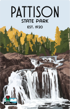 Rocky waterfall with forest landscaping the background labeled Pattison State Park Est. 1920