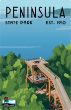 Wooden viewing tower by green forest and lake labeled Peninsula Park Est. 1910.