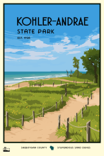 Trails along the lake beach with cloudy blue sky labeled Kohler-Andrae State Park Est. 1928