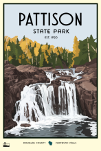 Rocky waterfall with forest landscaping the background labeled Pattison State Park Est. 1920