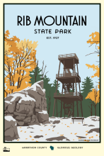 Winter view of rock structure and overlook tower labeled Rib Mountain State Park Est. 1927