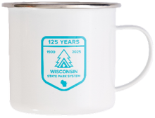 White metal mug with blue badge outline of pine tree and tent labeled 125 Years 1900 2025 Wisconsin State Park System.