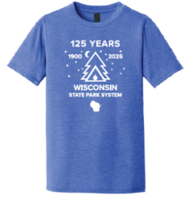 Blue shirt with pine tree and tent outline labeled 125 Years 1900 2025 Wisconsin State Park System.
