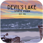Winter sunset over bluffs and lake labeled Devil’s Lake State Park Est. 1911.