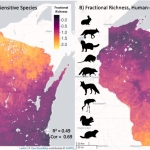 A color coded map of wisconsin shows Fractional Richness diversity estimates for the northern and southern regions of the state. The map shows higher diversity of human-sensitive species in the north, and higher diversity of human-associated species in the south. 