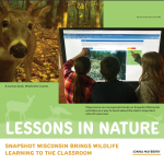 A screenshot of a magazine article titled "Lessons in Nature" with images of Snapshot trail cameras and children classifying trail cam images.