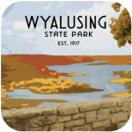 Stone wall along bluff and river in labeled Wyalusing State Park Est. 1917.
