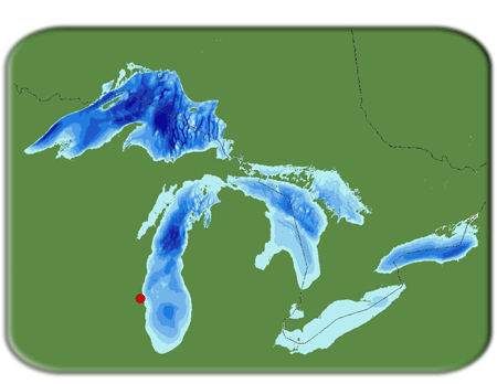 Map of the Great Lakes region with a red dot where Milwaukee sits along Lake Michigan.