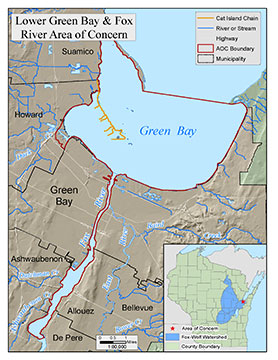 Map showing Lower Green Bay and Fox River AOC boundary and the Fox-Wolf Watershed.