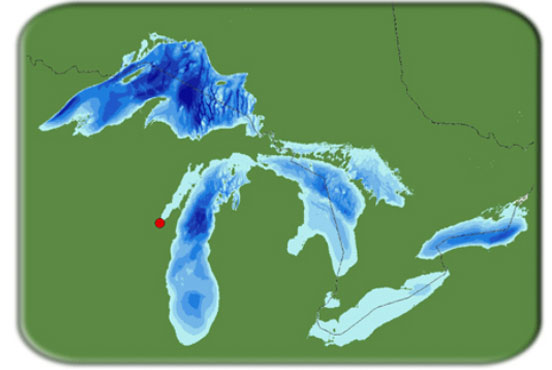 Map showing the location of the Lower Green Bay & Fox River Area of Concern in relation to all Great Lakes.