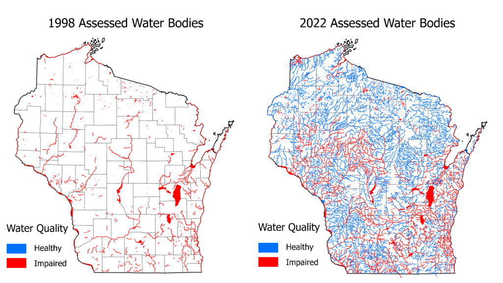 Assessed water bodies in Wisconsin in 1998 and 2022