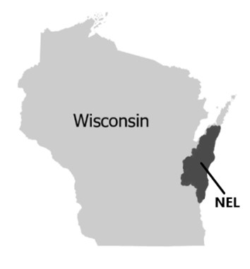 Wisconsin statewide map highlighting the location of the Northeast Lakeshore TMDL.