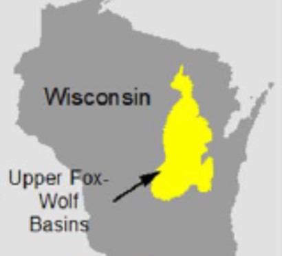 Wisconsin statewide map highlighting the location of the Upper Fox and Wolf River TMDL.