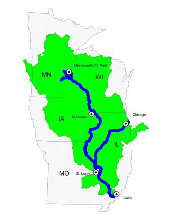 The Upper Mississippi River system includes 1200 miles of river