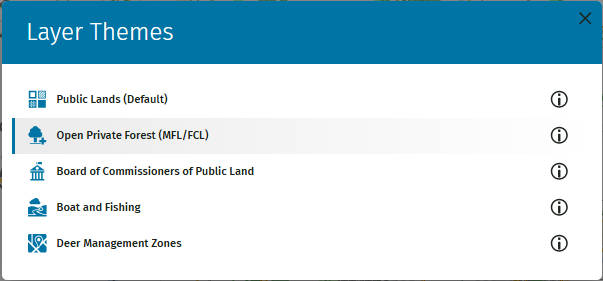 Screenshot of 'Layer Thems' menu with 'Open Private Forest (MFL/FCL)' option highlighted.