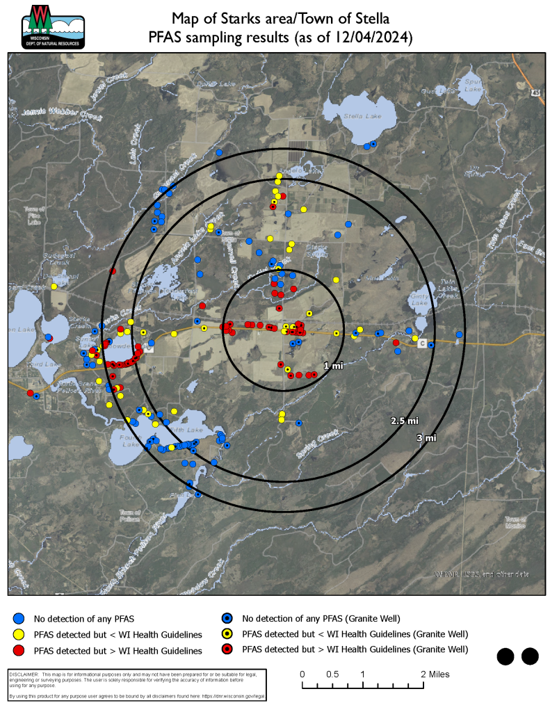 PFAS sampling results map of the Starks area and the Town of Stella as of December 4, 2024