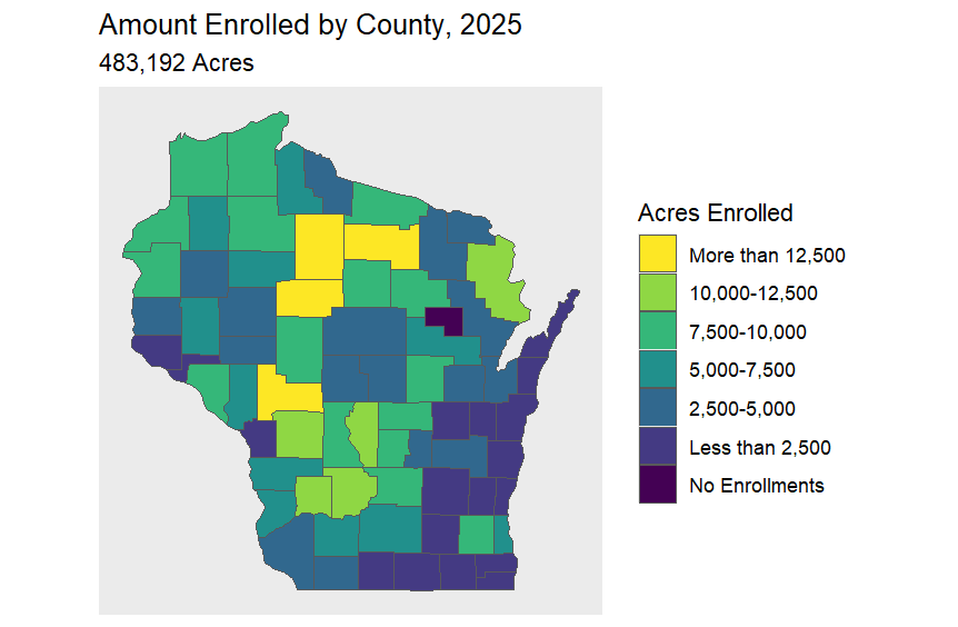 Map of enrollment in the Deer Management Assistance Program (DMAP) by county in 2025