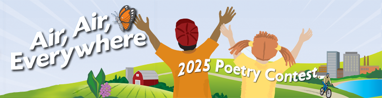 Image of two happy kids throwing their hands in the air and overlooking a farm.  There is a title that says "Air, Air, Everywhere" and a subtitle that says "2025 Poetry Contest".