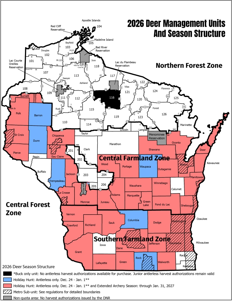 Map showing the deer management units across the state. It also shows the season structure for each unit. 
