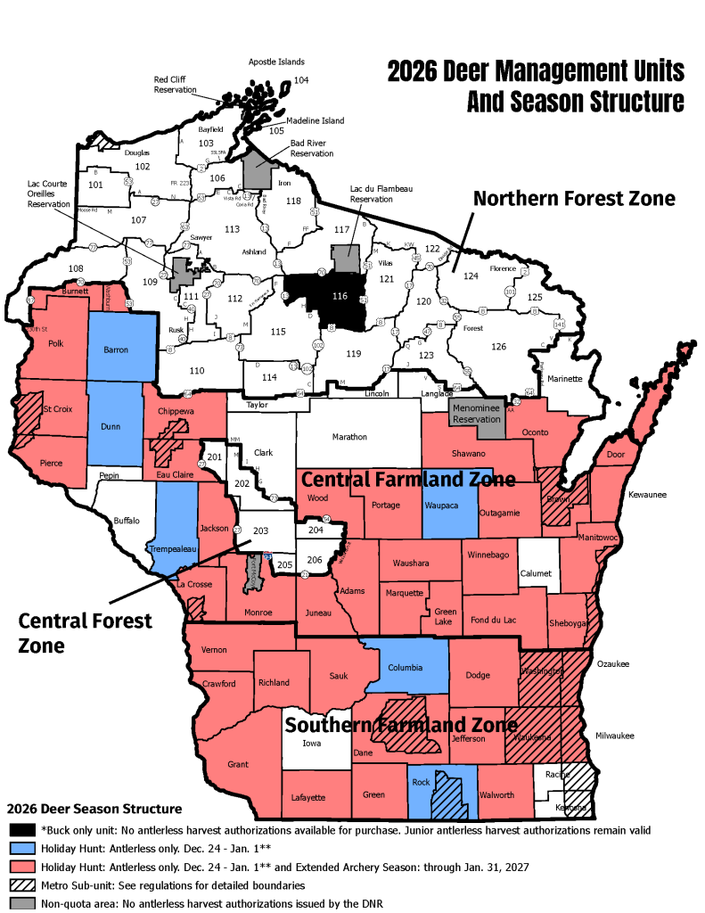 Map showing the deer management units across the state. It also shows the season structure for each unit. 