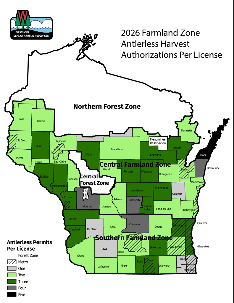 Map of the antlerless harvest authorizations per license in the Farmland Zones