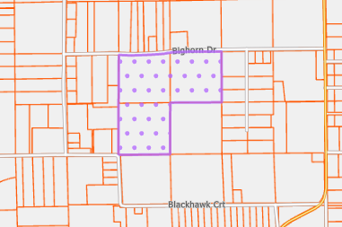 Screenshot of map data depicting an area of MFL-open land highlighted with applicable symbology.