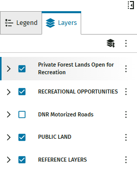 Screenshot of 'Layers' tab with the 'Private Forest Lands Open for Recreation' option highlighted.
